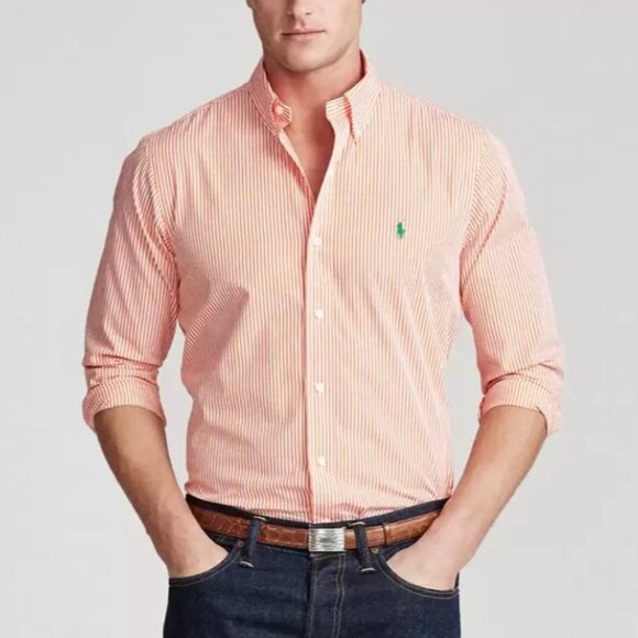 Ralph Lauren Shirt Men's Large Button-Down Orange-White‎ Pinstriped - Picture 1 of 14
